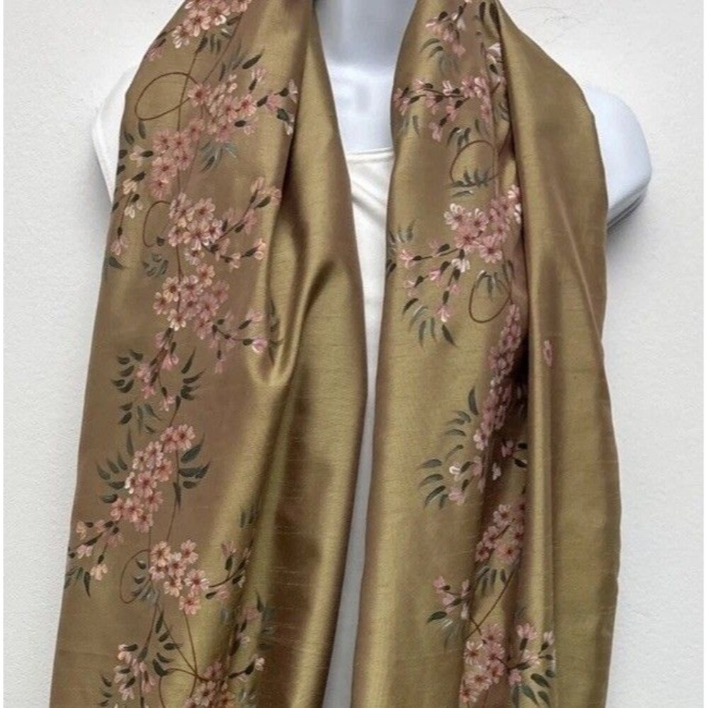 Vintage Stole, 110” X 16”, Gold W/Black Lining, Pink & Green Floral Embroidery